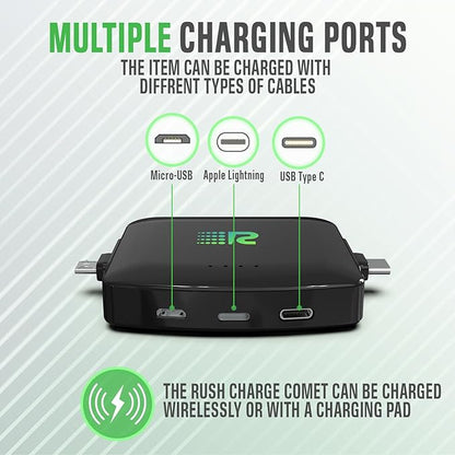 Rush Charge Universal Comet Portable Power Bank 3200mah, 2.1A High-Speed Fast Charging - Apple Lightning, Type C, Micro-USB Charges 3 Devices at a Time Pre-Charged Compatible with iPhone 17 16 15 14
