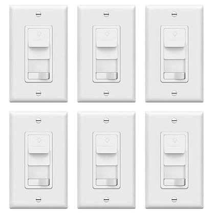 TOPGREENER Dimmer Light Switch for 200W Dimmable LED/CFL Lights, Single Pole/3-Way LED Slide Dimmer Switch,Neutral Wire Not Required,TGSDS3-W-6PCS, 6 Pack, White