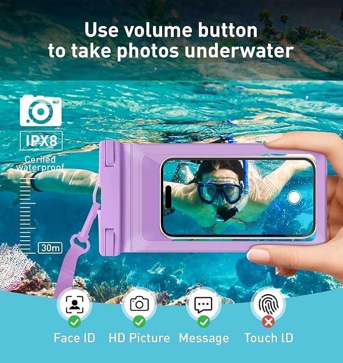 Universal Waterproof Phone Case, with Inside Card Holder, Large Dry Bag Compatible for iPhone 16 15 14 13 12 Pro Max XS Plus for Galaxy S22, IPX8 Beach Travel Essentials, 1 Pack-Purple-8.3″