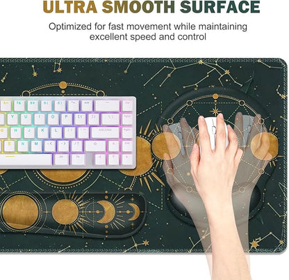 Large Desk Mat, Gaming Mouse Pad, Desk Pad Protector, XXL Mousepad + Keyboard Wrist Rest+Mouse Wrist Rest+Coaster Ergonomic Desk Pad for Home Office Decor, Dark Green Gold Moon Phases Constellation