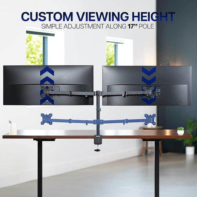 VIVO Dual Ultrawide Monitor Desk Mount, Heavy Duty Fully Adjustable Steel Stand, Holds 2 Computer Screens up to 38 inches and Max 10kg Each, Black, STAND-V038