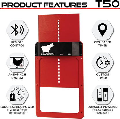 Run-Chicken Door T50 – Automatic Chicken Coop Door Opener, Battery Powered & Weatherproof Aluminum, Smart App & Timer Control, Predator Proof, Easy Install, Reliable All-Season Performance (Red)
