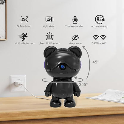 dzcctvipc Cute Bear 2K Home Security Camera – Motion Monitor, Baby Cry Detection,Privacy Mode,5G Dual-Band,Pan & Tilt,Night Vision,24/7 Recording,2-Way Audio,Compatible with Alexa & Google Assistant