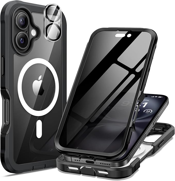 seacosmo for iPhone 16 Case, Full Body Bumper with Built-in 9H Tempered Glass Privacy Screen Protector and Camera Lens Protector, Compatible with MagSafe, Shockproof Phone Cover, 6.1", Black