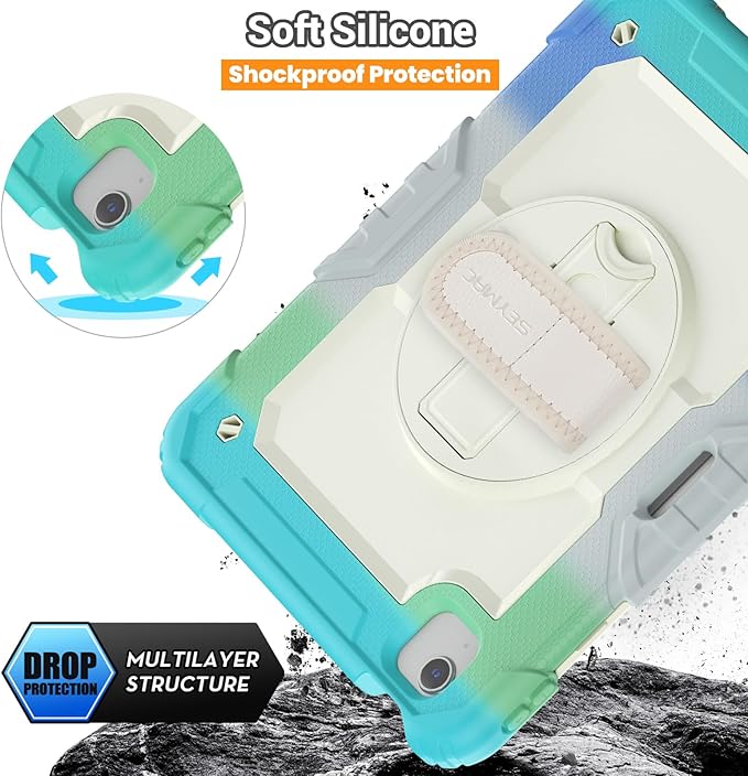 SEYMAC for iPad Air 5th/ 4th Generation Case 10.9", Full-Body Shockproof Protective Case with Screen Protector, Rotating Stand/Handle/Shoulder Strap/Pencil Holder for iPad Air 5/ Air 4, Colorful/Blue