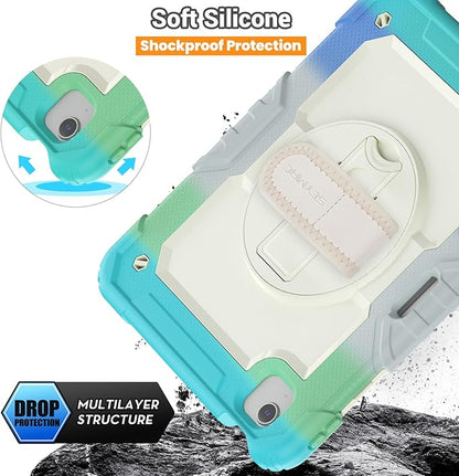 SEYMAC for iPad Air 5th/ 4th Generation Case 10.9", Full-Body Shockproof Protective Case with Screen Protector, Rotating Stand/Handle/Shoulder Strap/Pencil Holder for iPad Air 5/ Air 4, Colorful/Blue