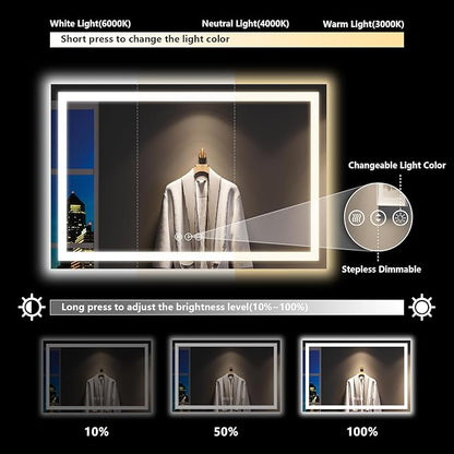 YEELAIT 55x30 Inch LED Bathroom Mirror with Lights Front and Backlit Lighted Vanity Mirror for Bathroom Wall with 3 Colors Dimmable Anti-Fog Memory Shatter-Proof IP54 Waterproof Horizontal/Vertical