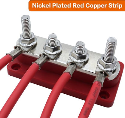 AMOMD 300A PowerBars 4 Terminal Studs (5/16 inch) M8 Nickel Plated Copper Distribution Block Electrical Negative Bus Bars Ground Block with Cover for Trailer Marine Boat Car RV (Red)