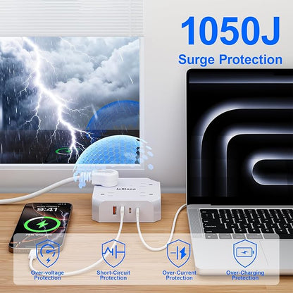 Multiple Outlets Surge Protector Power Strip, 15ft Braided Long Extension Cord with 4 USB Charging Ports(2 USB C) Flat Wall Plug Outlet Heavy Duty Charging Station for Home College Dorm Essentials