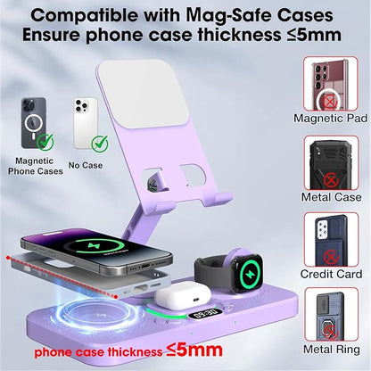 30W Charging Station for Apple Products, Foldable Wireless Charger with Clock Display&7 Color Light, Wired Charging for iPad/Tablet Charging Station for iPhone17, for Apple Watch11 for AirPods4(Purple
