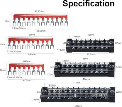 MILAPEAK Terminal Block and Strip - 6 Sets 8/10/12 Positions 600V 15A Dual Row Wire Screw Terminal Strip Block with Cover + 400V 15A Pre-Insulated Terminals Barrier Strips Jumpers (Black & Red)