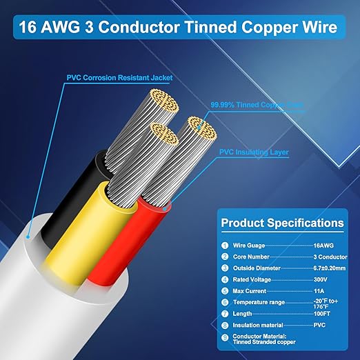 16 Gauge 3 Conductor Electrical Wire, 100FT Low Voltage 16/3 Tinned Copper Stranded 3 Wire Cable, 16 AWG White Flexible Extension Power Cord for Automotive, LED Lamp, Outdoor Landscape Lighting Etc