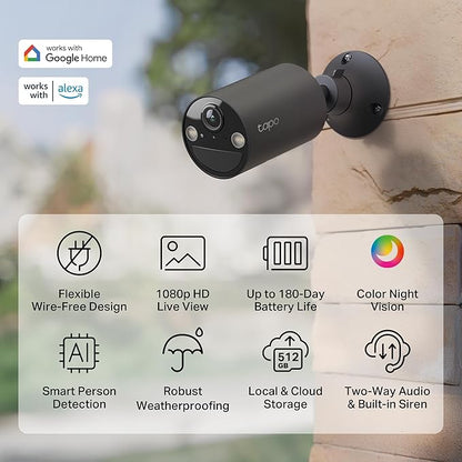 Tapo by TP-Link Wireless Outdoor Security Camera, 1080P, Up to 180 Days Battery Life, Free Person Detection, SD/Cloud Storage, Spotlight Color Night Vision, Alarm, No Hub Needed, Black, C403