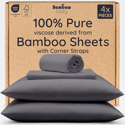 Bambaw 100% Viscose Derived from Bamboo Sheet Set Full Size – 4pcs Cooling Sheets for Hot Sleepers, with Elastic Corner Straps, Soft Bedding Set, Luxury Sheets Full Size (Charcoal)