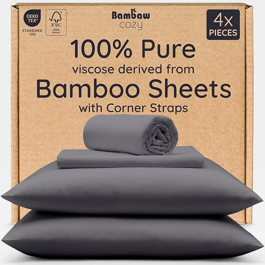 Bambaw 100% Viscose Derived from Bamboo Sheet Set Full Size – 4pcs Cooling Sheets for Hot Sleepers, with Elastic Corner Straps, Soft Bedding Set, Luxury Sheets Full Size (Charcoal)