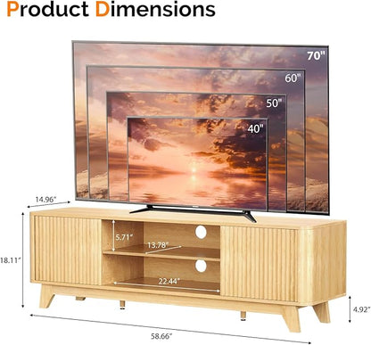 VINGLI 58.6" TV Stand for 70 Inch TV, Mid Century Entertainment Center with Fluted Sliding Doors and Open Storage, Elegant Media Console for Living Room, Oak