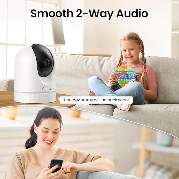 Cinnado Security Camera Indoor-2K 360° WiFi Cameras for Home Security，Pet/Dog/Baby Camera with Phone app, 2-Way Audio, Night Vision, 24/7 SD Card Storage, Works with Alexa & Google Home (2.4Ghz)-D1
