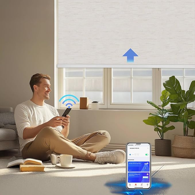 COOLWINDS Motorized Blinds with Remote Cordless Automatic Motorized Shades Custom Blinds for Indoor Windows Smart Curtains with Alexa Google Home(Blackout Linen Sandy Beach,W33 x H72in)