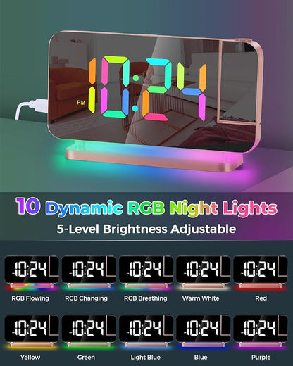 SZELAM Projection Alarm Clock,7.4 in LED Mirror Digital Clocks Projection on Ceiling Wall,with RGB Night Light,USB C Charging Port,Auto Dimming,Modern Desk Clock for Bedroom Decor - Rose Gold