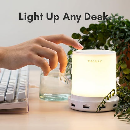 Macally Small Touch Lamps for Nightstand - Bedside Lamp with USB Port - 3 Way Dimmable Short Table Lamp for Small Spaces - Use as Night Light and Charger in Bedroom