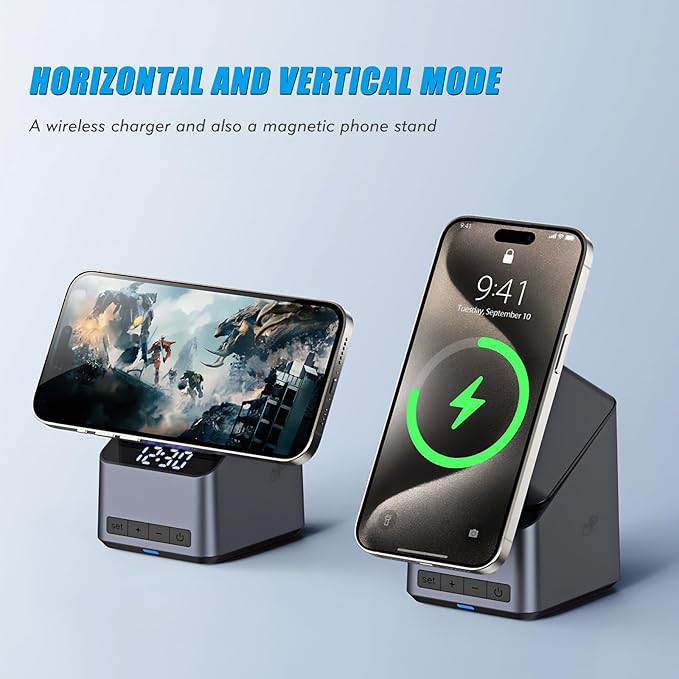 4-in-1 Charging Station Compatible with Magsafe, 15W Fast Wireless Charger Stand with LED Clock, Adjustable Metel Phone Stand for iPhone 16/15/14/13/12 Series, Apple Watch, AirPods