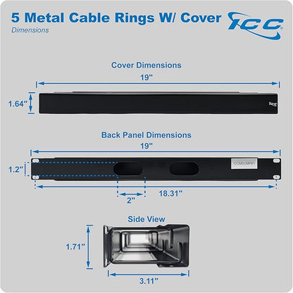 ICC 1U Ring Cable Manager Panel with Cover, Metal, 3" D-Rings, Horizontal Cable Management, Rackmount for 19” Network Racks, Black, Single Pack