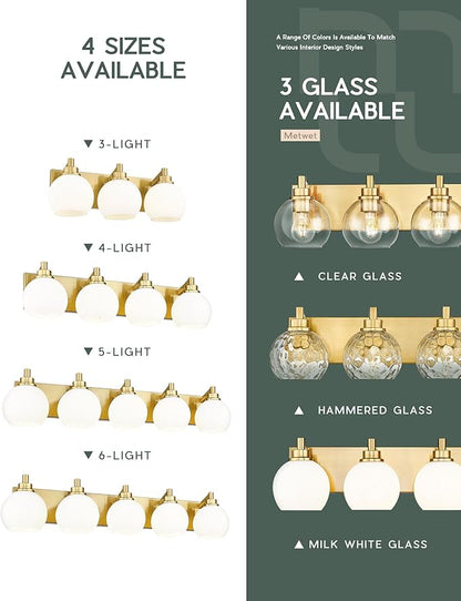 METWET Bathroom Light Fixtures, 6-Light Brushed Gold Bathroom Vanity Lights Over Mirror with Globe Milk White Glass Shade, 38 Inch Modern Vanity Lighting Fixtures, VL195-BG-ML-6