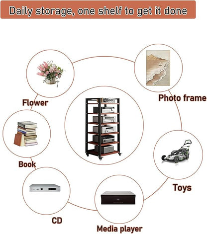 Dernoing 6 Tier Audio Rack Tower, CD Record Player Stereo Receiver AV Equipment Cabinet Display Rack, Weight Capacity 661 lbs, with Adjustable Wooden Shelves for Home (6 Tier Teakwood)