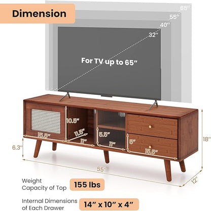 Giantex Mid Century Modern TV Stand for TVs up to 65", Wood Entertainment Center with Open Storage Shelves, PE Rattan Sliding Doors & Drawers, Media TV Console Table for Living Room (Walnut)