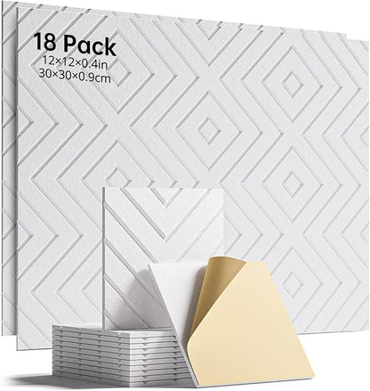 Woovio Sound Proof Foam Panels for Walls, 18 Pack Self-Adhesive Acoustic Panels, 12" X 12" X 0.4" Soundproof Wall Panels for Door, Ceiling, Home Office White