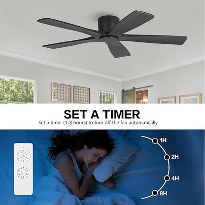 WINGBO 54" Flush Mount DC Ceiling Fans Without Lights, 5 Carved Solid Wood Blades, 6-Speed Reversible DC Motor, Low Profile Hugger Ceiling Fan No Lights for Living Room Bedroom Patio, Matte Black