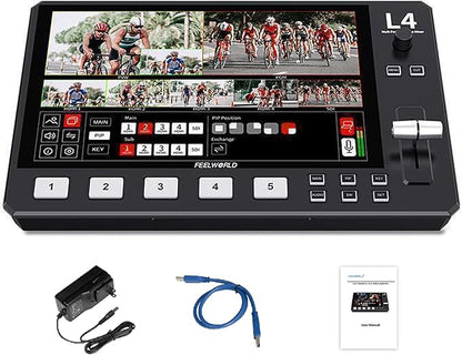 Feelworld L4 Switcher 10.1 Inch Touch Screen Multi-Camera Video Mixer Switcher,4xHDMI,SDI,Audio Input/Output,App/PTZ Control,USB3.0 Fast Streaming,Built-in Cooler,13 Transitions