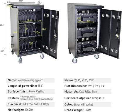Leavader 45-Device Mobile Charging Carts for Tablets Laptops, Portable Charging Cabinet with Transformer and Caster, Large Charging and Storage Cabinet for Classroom or Office|Up to 16" Screen