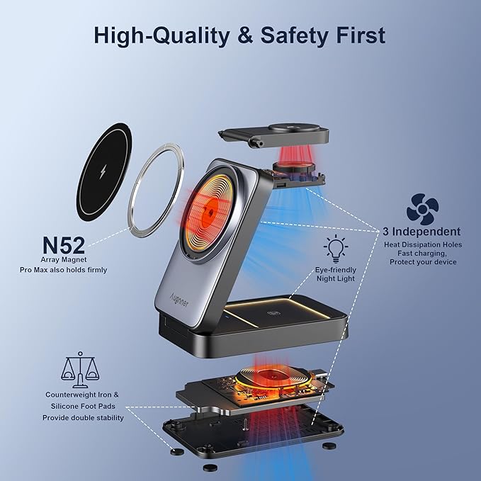 3 in 1 Charging Station for Multiple Devices Apple Compatible with Magsafe Charger Stand, 15W Foldable Cube Wireless Charger for 16/15/14/13/12 Series, Apple Watch, Airpod