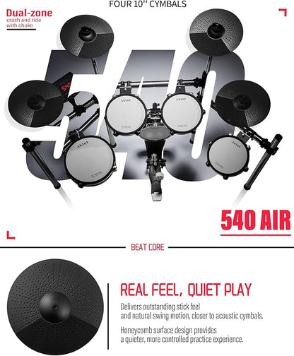 AKLOT Electric Drum Set with Kick-Tower: 4 Dual Zone Mesh Pads, 8’’ Tower-Style Kick Drum, 10’’ Snare, Dual Zone 10’’ Cymbals with Choke, 360 Sounds, User Kit, USB-MIDI, Throne, B-CORE 540 Air, Silver