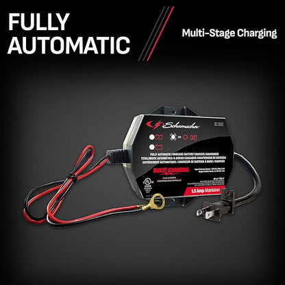 Schumacher Electric 1.5A Car Battery Charger and Maintainer, 3-in-1 Solution, for 6V/12V Power Sport, Automotive, and Marine Batteries, SC1300