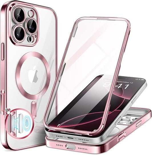 BERFY Magnetic for iPhone 16 Pro Case, Compatible with Magsafe, Built-in 9H Tempered Glass Screen Protector & Upgraded Camera Protection, Full-Body Plating Shockproof Phone Case for 16 Pro 6.3", Pink