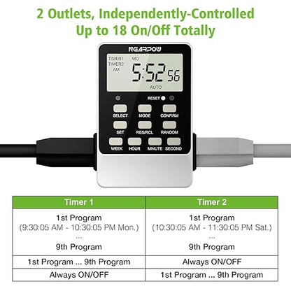 Outlet Timer, NEARPOW Dual Digital Light Timer with 2 Independently-controlled Outlets, 18 ON/OFF Programs, 24-Hour and 7-Day Programmable,Indoor Heavy Duty Electrical Timer Switch, 3 Prong, 15A/1800W