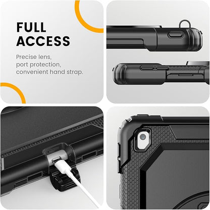 Timecity Case for iPad 9th/ 8th/ 7th Generation 10.2 inch - Heavy Duty Protective Cover with Screen Protector, Rotating Stand, Shoulder Strap & Pencil Holder | Kids-Friendly (Black)