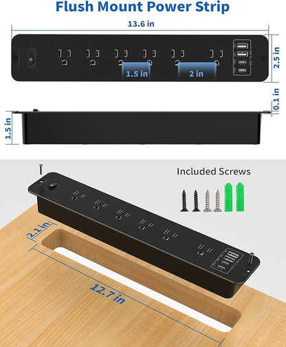 Inhwatek Recessed Power Strip with 20W USB C Port, Flush Mount Power Strip Surge Protector, 6Ft Flat Plug Extension Cord, Space-Saver Recessed Outlet for Furniture Side Table