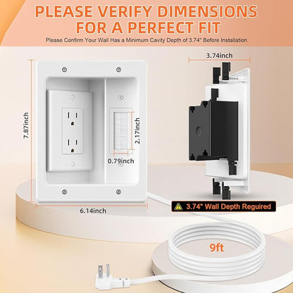 in Wall Cable Concealer Kit with Brush Wall Plate,Recessed Outlet Box,9ft Cord,2 Gang Pass Through Wire Hider for TV Cable Management,HDMI Cables and Home Theater Systems