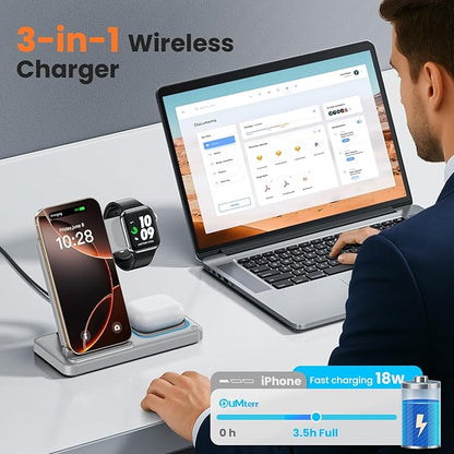 DUMTERR 3 in 1 Wireless Charger for iphone 16 15 14 13 12 11 XR 8, Apple Charging Station for Apple Watch 10/9/Ultra/8/7/SE/6/5/4 & AirPods Series, Wireless Charging Station for Multiple Devices Apple