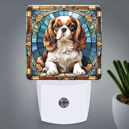 PODMemory Cavalier King Charles Spaniel Stained Glass Night Lights Plug into Wall for Room, Cavalier King Charles Spaniel Night Light LED for Bedroom