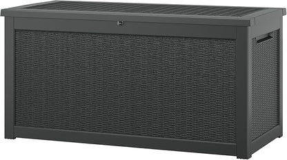 NUNU LAB Outdoor Storage Box, 320 Gallon Deck Box, Resin Waterproof Outside Storage Bench, Outdoor Storage Cabinet With Lockable Lid, Backyard Deck Box For Garden Tools, Patio Cushions, Black