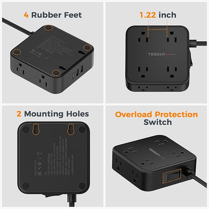 TESSAN 10 Ft Flat Plug Extension Cord with Multiple Outlets, Surge Protector Power Strip with 3 USB(1 USB C) 8 Outlets, 900J Protection, Desk Charging Station for Home, Office, Dorm Room, Black