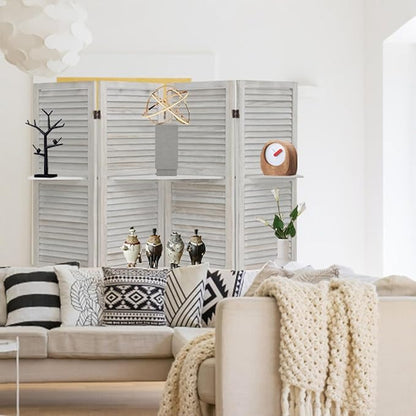 4 Panel Room Divider with Shelves, Room Dividers and Folding Privacy Screens, Folding Room Dividers 4 Panel, White Room Divider with 3 Display Shelves for Home Office (White)