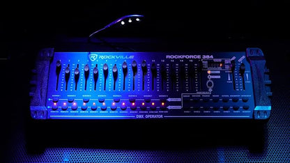 Rockville ROCKFORCE 384 Channel DMX Light/Fog Lighting Controller, MIDI Control, 30 Scene Banks, 6 Chases, LED Display, for DJs and Stage Lighting