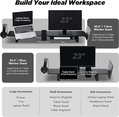 ULTRARM Moodular Wooden Monitor Stand 33.4” (85cm) Desk Organizer with Metal Slide Rails for Drawer, Tray, Laptop, Tablet, Phone & Headphones Customizable Riser for Organized Workspace Oak MS85-O