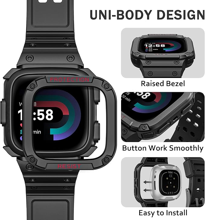 FINTIE Bands with Case Compatible with Fitbit Versa 4/3/2/1/Versa Lite/Fitbit Sense 2/Sense, Protective Case Strap Rugged Sport Band Men, Black