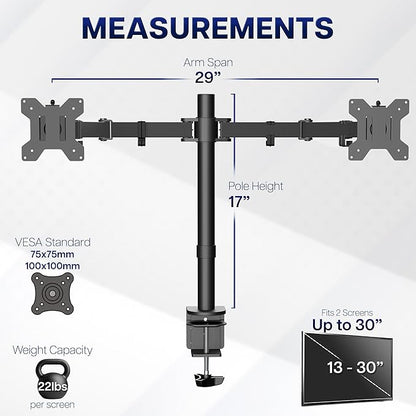 VIVO Dual Monitor Desk Mount, Holds 2 Computer Screens up to 30 inches and 22lbs Each, Heavy Duty Fully Adjustable Steel Stand with C-Clamp and Grommet, Black, STAND-V002